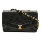 Chanel Diana Quilted CC Logo Chain Shoulder Bag Enamel Lambskin Black Gold