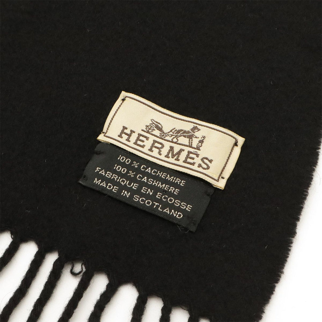 Hermes Scarf Shawl Fringe Logo Embroidery Cashmere Black — view 5