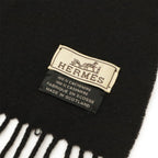 Hermes Scarf Shawl Fringe Logo Embroidery Cashmere Black — view 5