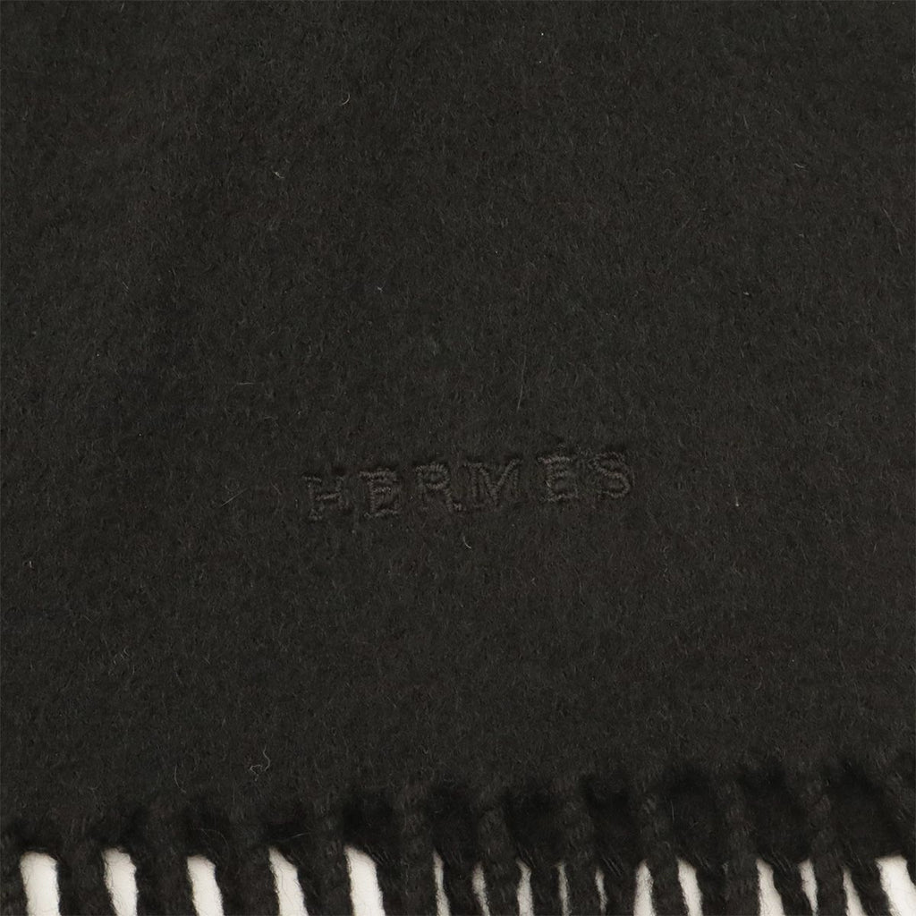 Hermes Scarf Shawl Fringe Logo Embroidery Cashmere Black — view 6