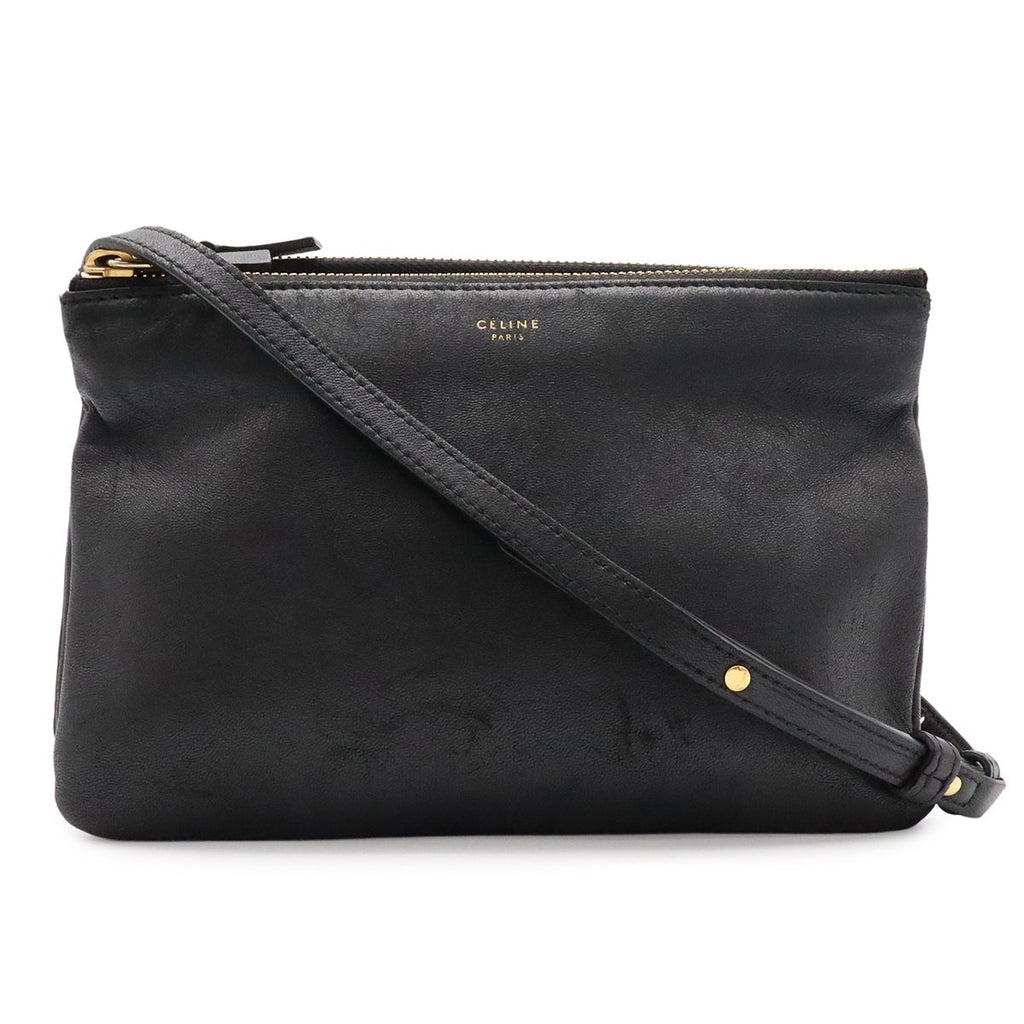 Celine Trio Small Shoulder Bag Pouch Pochette Crossbody Leather Black Gold