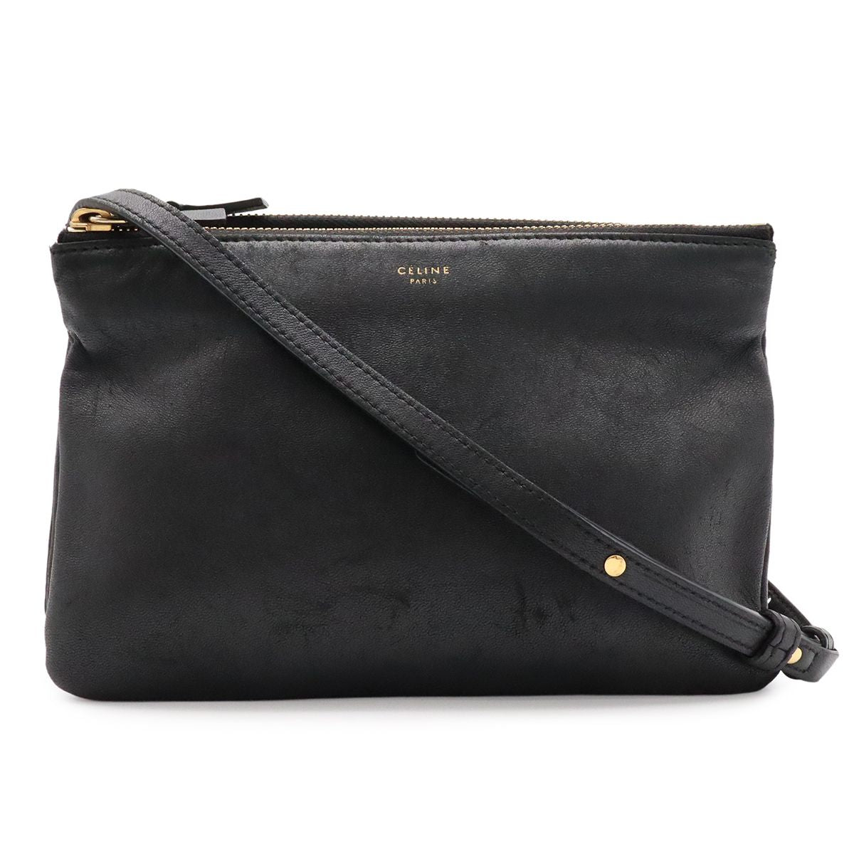 Celine Trio Small Shoulder Bag Pouch Pochette Crossbody Leather Black Gold