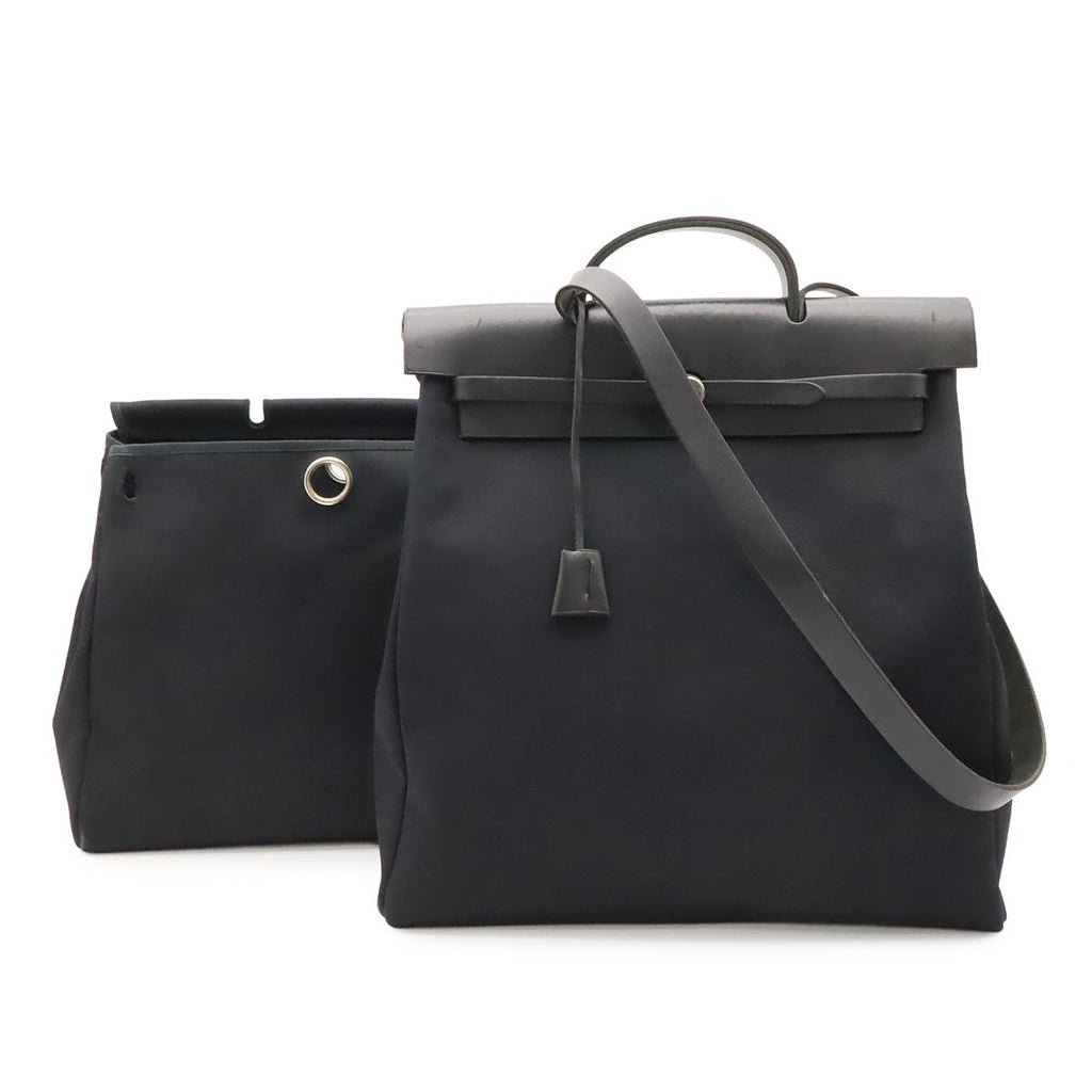 Hermes Herbag MM 2-Way Shoulder Bag Toile Officier Leather Black Silver