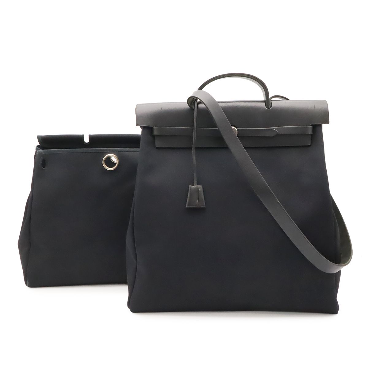 Hermes Herbag MM 2-Way Shoulder Bag Toile Officier Leather Black Silver