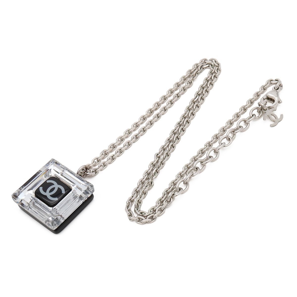 Chanel CC Logo Square Cube Pendant Metal Plastic Silver Clear Black — view 2