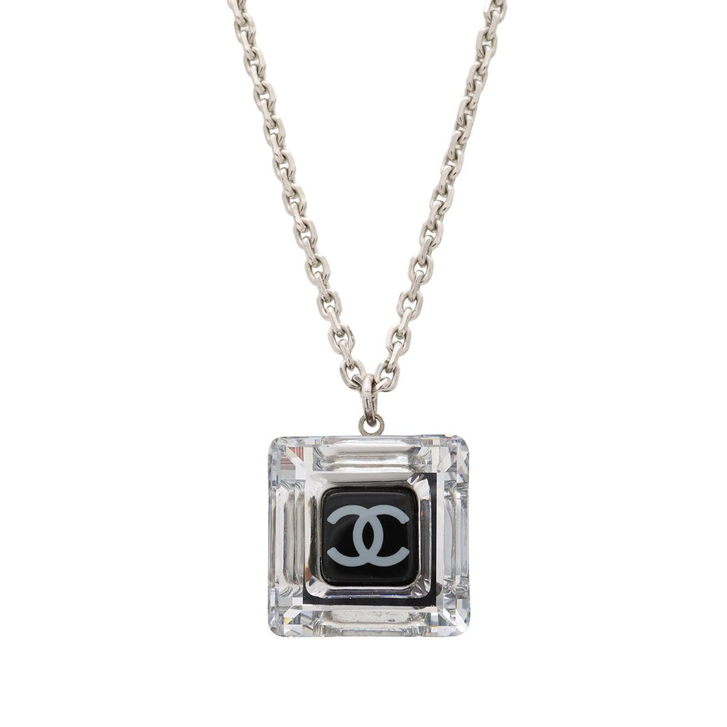 Chanel CC Logo Square Cube Pendant Metal Plastic Silver Clear Black