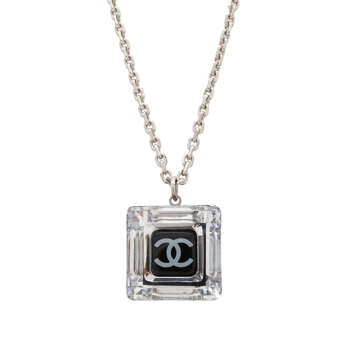 Chanel CC Logo Square Cube Pendant Metal Plastic Silver Clear Black