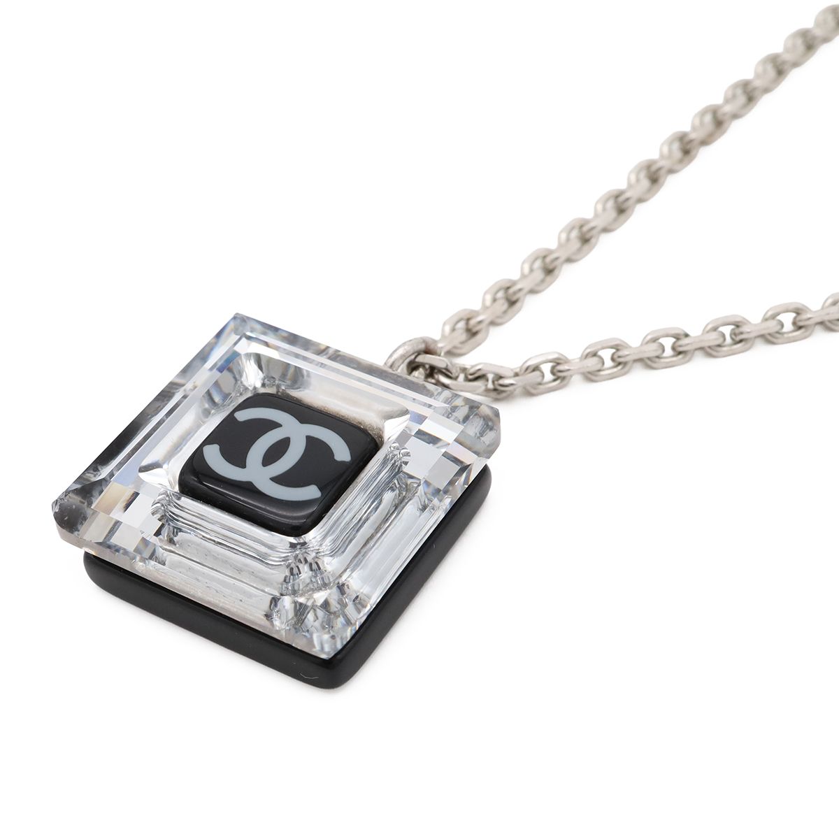 Chanel CC Logo Square Cube Pendant Metal Plastic Silver Clear Black — view 3