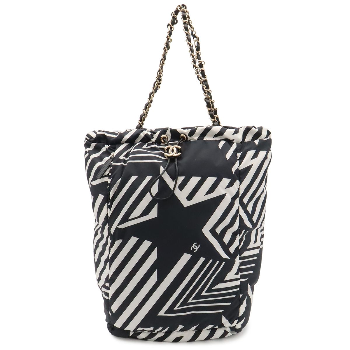 Chanel Coco Beach Backpack Chain Shoulder Bag Star Pattern Nylon Leather Black