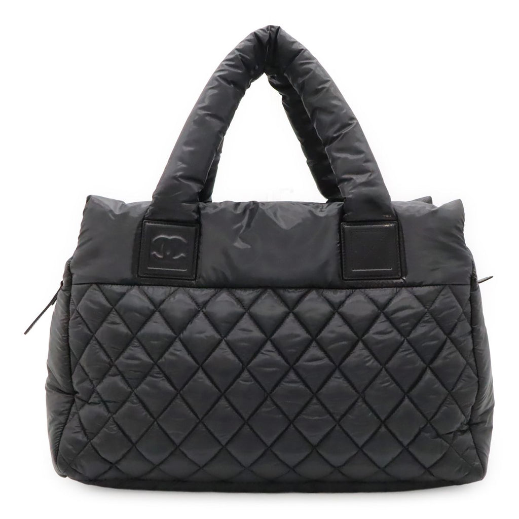 Chanel Coco Cocoon Tote Quilted Nylon Leather Black Silver