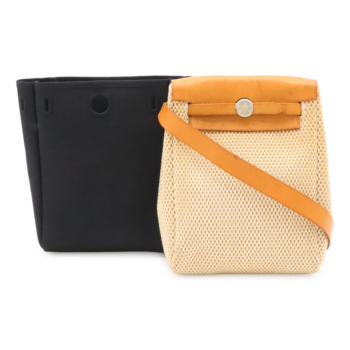 Hermes Herbag TPM Shoulder Bag Pochette Toile Officier Leather Black Natural