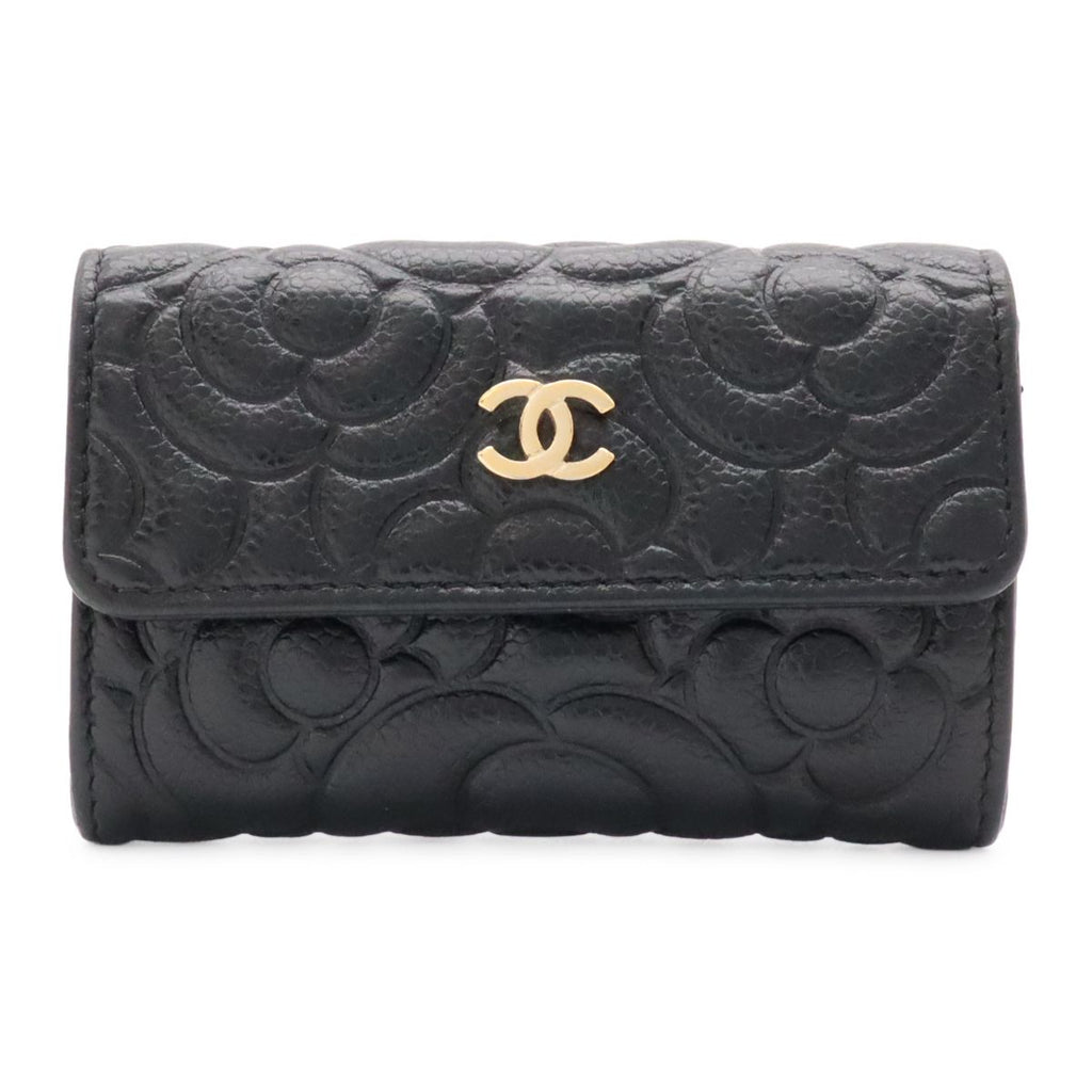Chanel Camellia Embossed CC Logo Card Case Business Holder Caviar Leather Black
