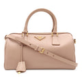 Prada Triangle Logo Saffiano Mini Boston Bag 2-Way Leather Cammeo Overseas