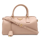 Prada Triangle Logo Saffiano Mini Boston Bag 2-Way Leather Cammeo Overseas