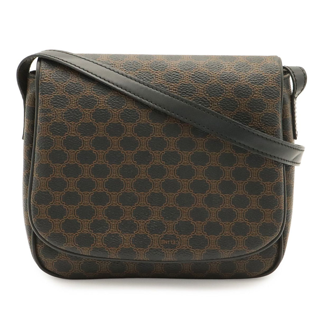 Celine Macadam Pattern Shoulder Bag Pochette Crossbody Leather Black Dark Brown