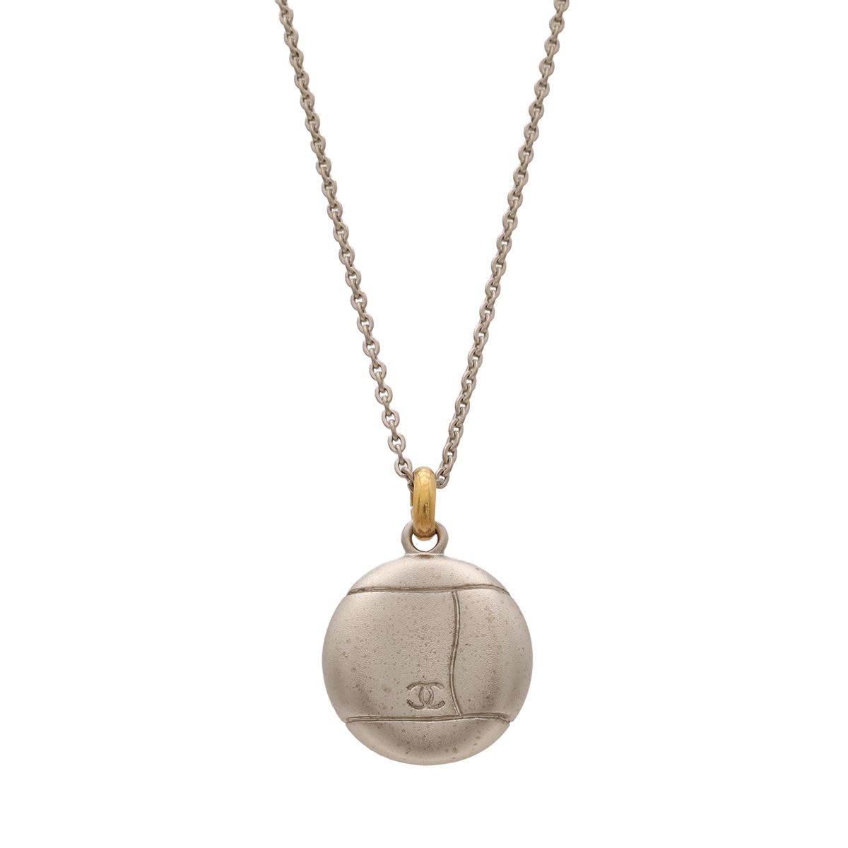 Chanel CC Logo Round Plate Vintage Chain Pendant Metal Silver