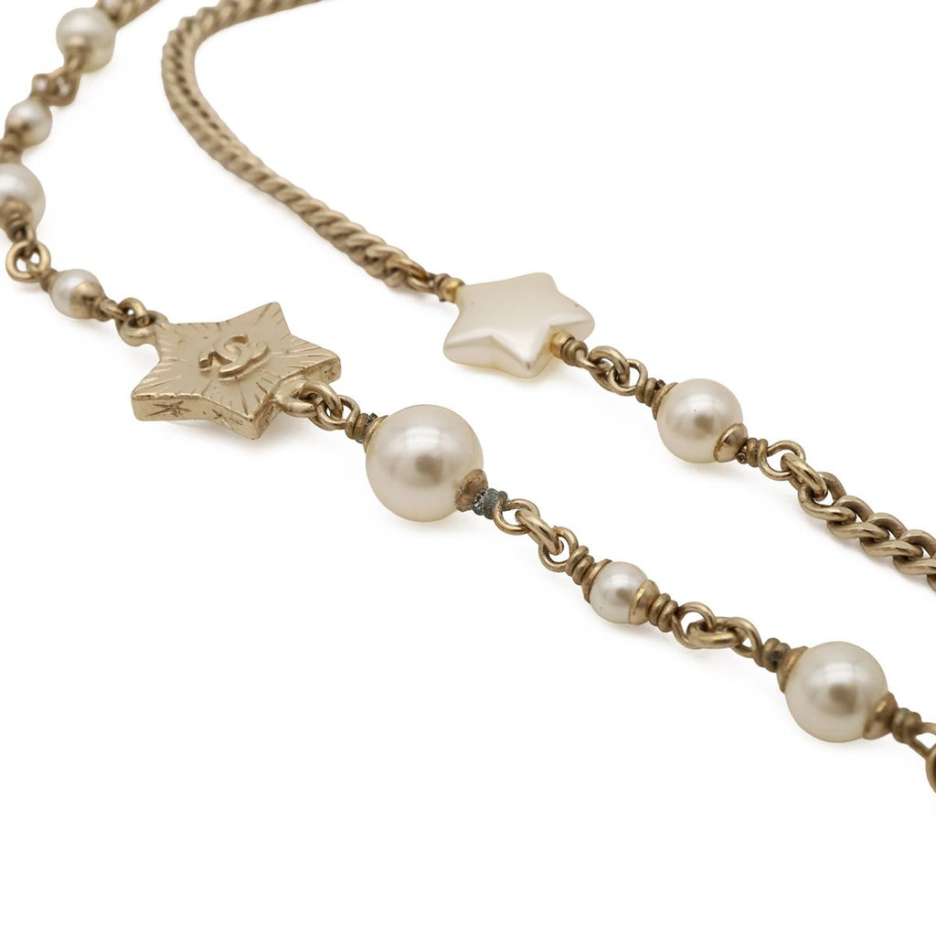 Chanel CC Logo CC Mark Star Double Chain Pendant Faux Pearl Gold White — view 5