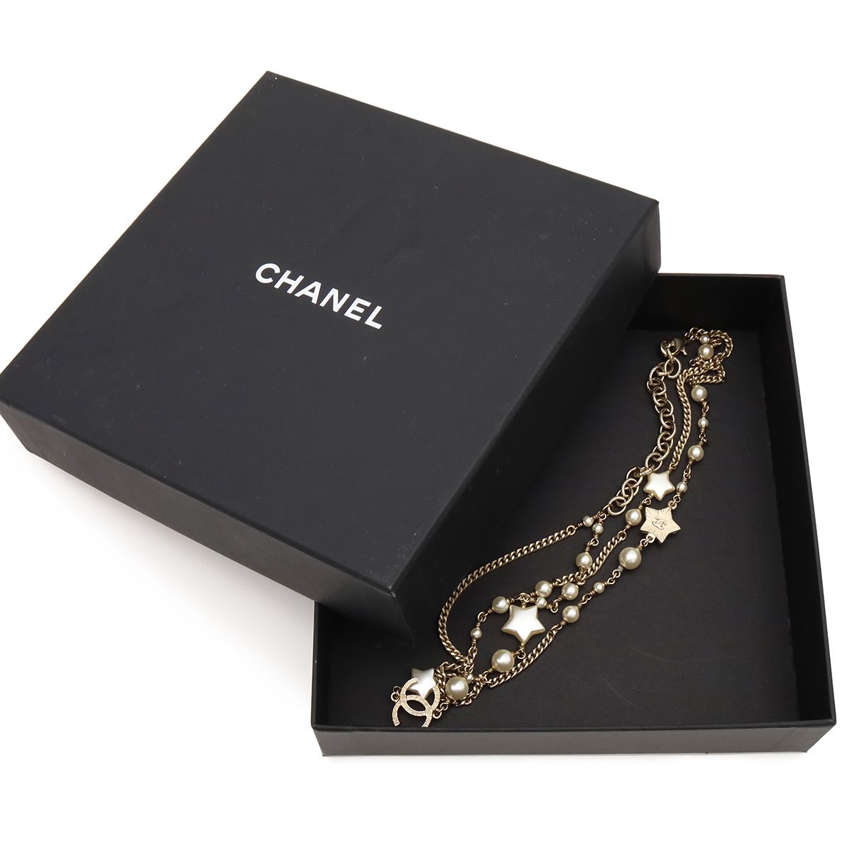 Chanel CC Logo CC Mark Star Double Chain Pendant Faux Pearl Gold White — view 8