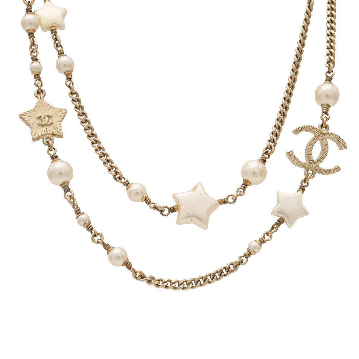 Chanel CC Logo CC Mark Star Double Chain Pendant Faux Pearl Gold White