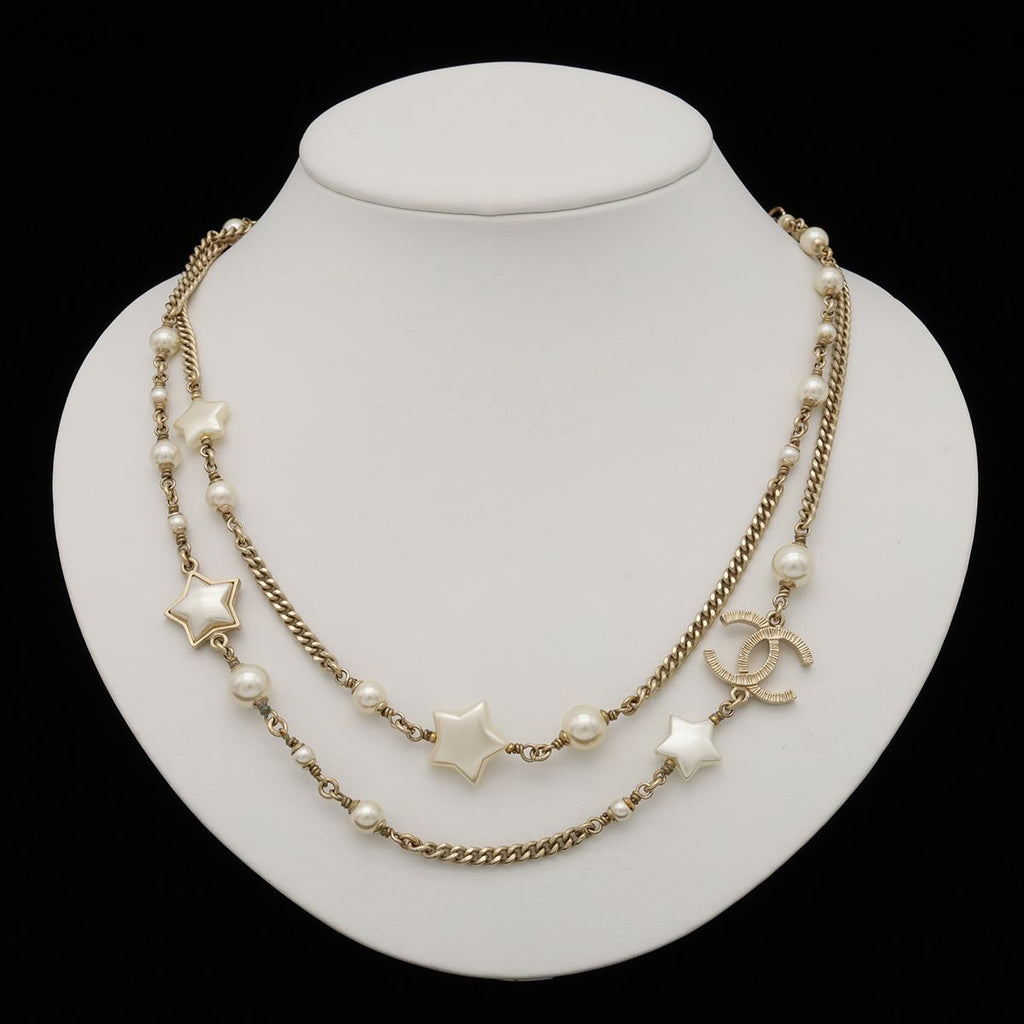 Chanel CC Logo CC Mark Star Double Chain Pendant Faux Pearl Gold White — view 7