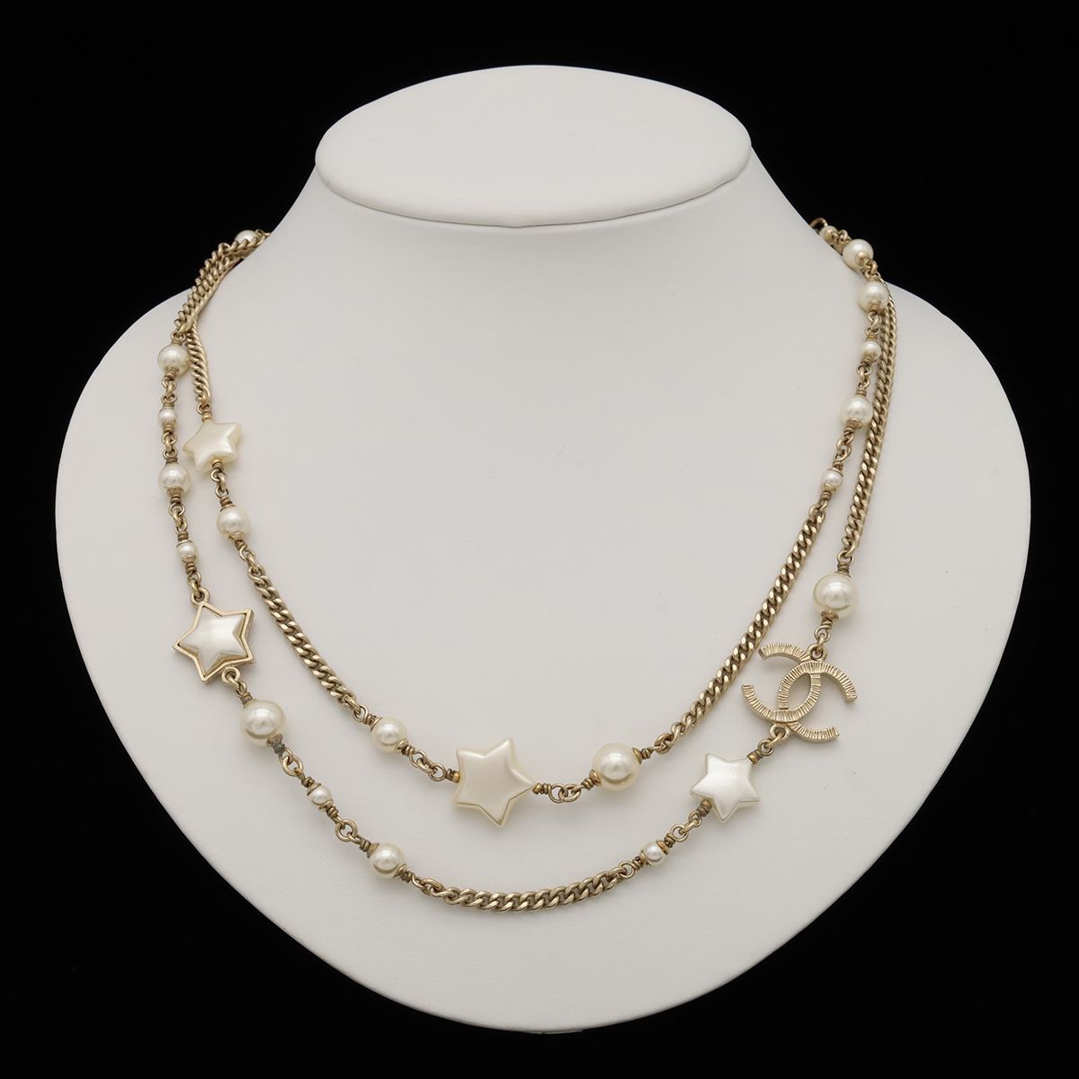 Chanel CC Logo CC Mark Star Double Chain Pendant Faux Pearl Gold White — view 7