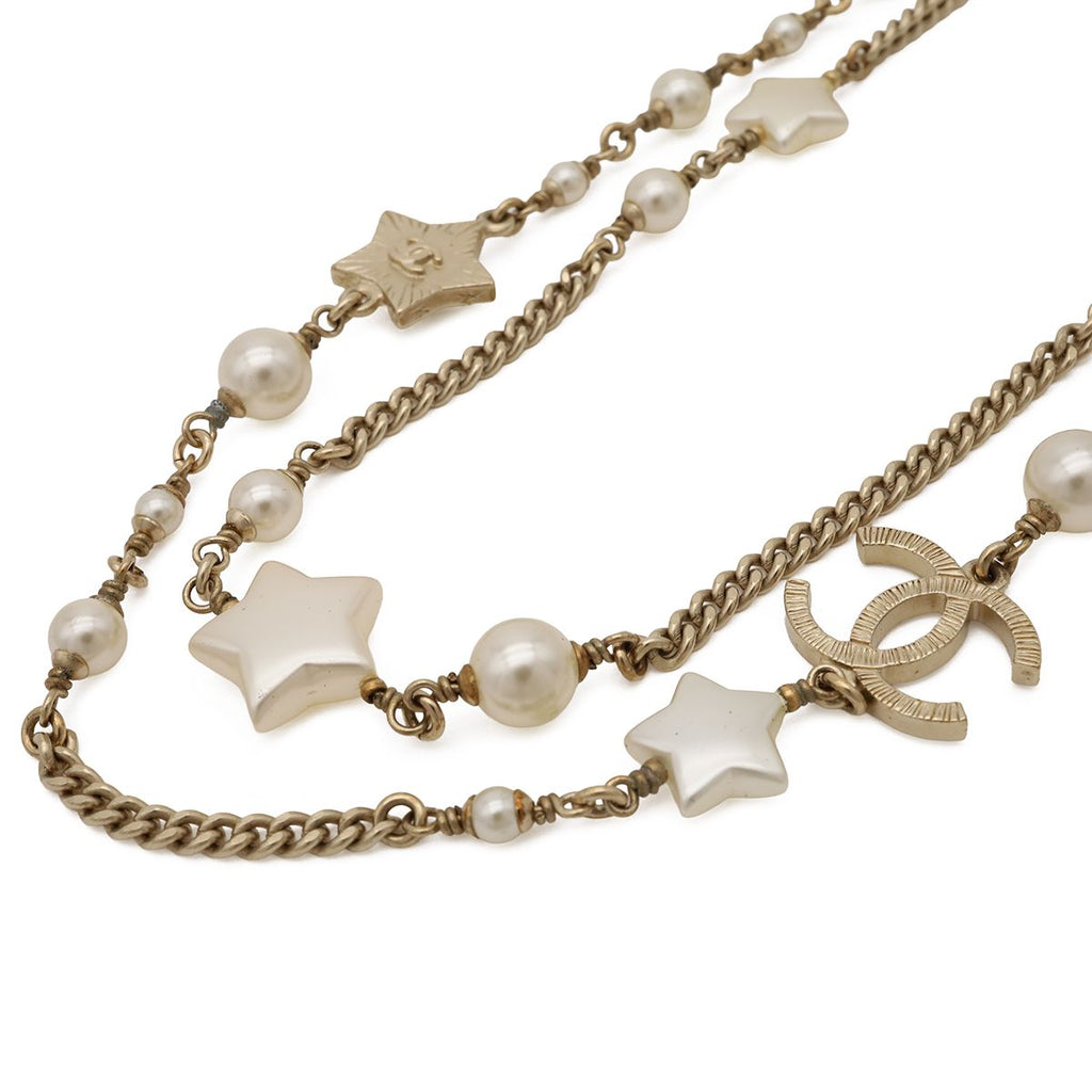 Chanel CC Logo CC Mark Star Double Chain Pendant Faux Pearl Gold White — view 3