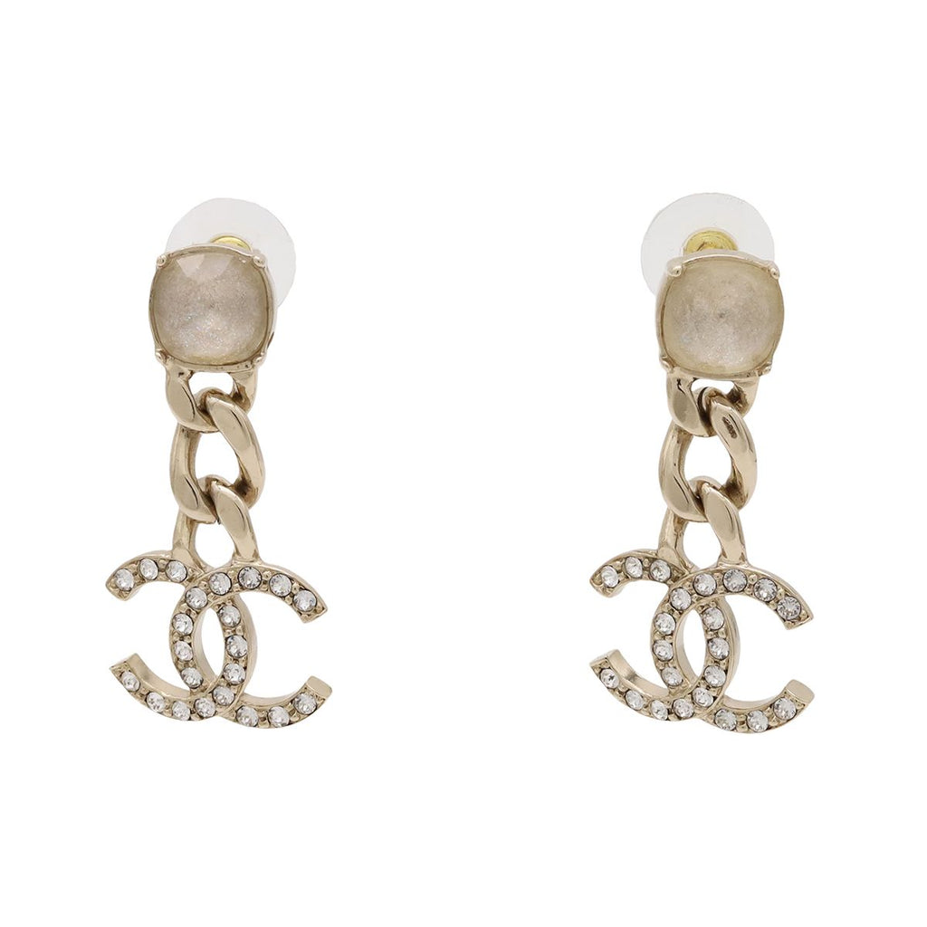 Chanel CC Logo Chain Swing Earrings Crystal Rhinestone Gold