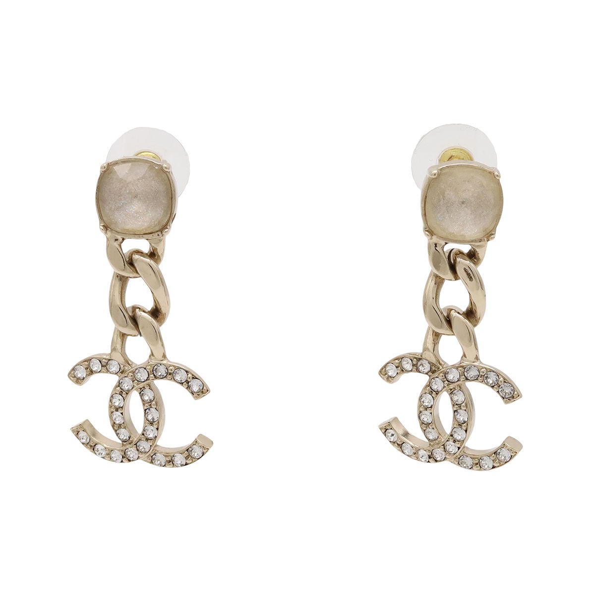 Chanel CC Logo Chain Swing Earrings Crystal Rhinestone Gold