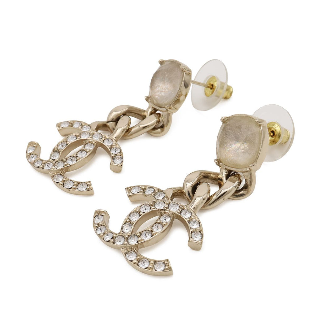 Chanel CC Logo Chain Swing Earrings Crystal Rhinestone Gold — view 2