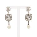 Chanel CC Logo Bijou Pearl Earrings Swing Metal Faux Silver White