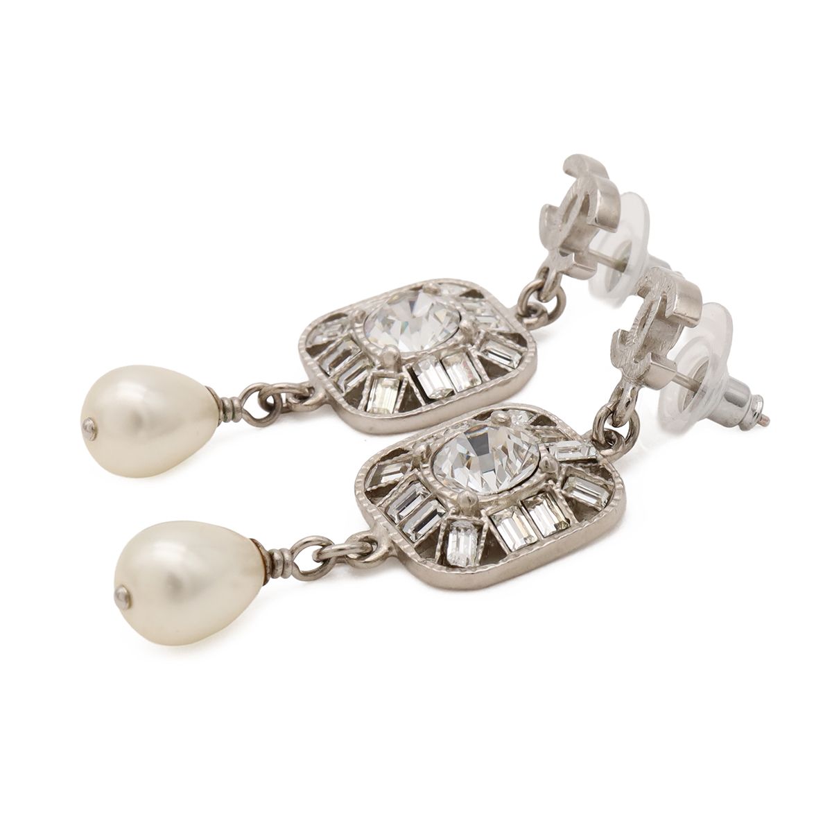 Chanel CC Logo Bijou Pearl Earrings Swing Metal Faux Silver White — view 2