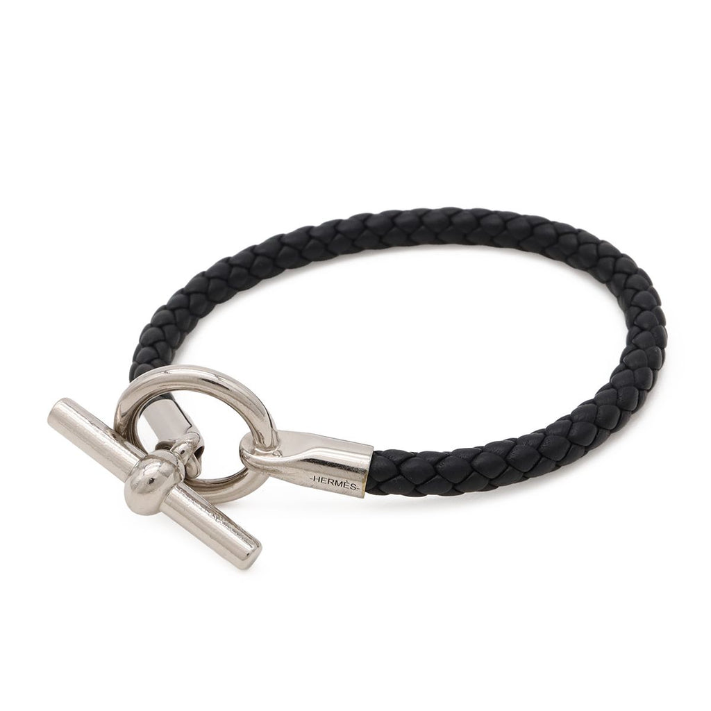 Hermes Glenan Bracelet Leather Metal Black Silver