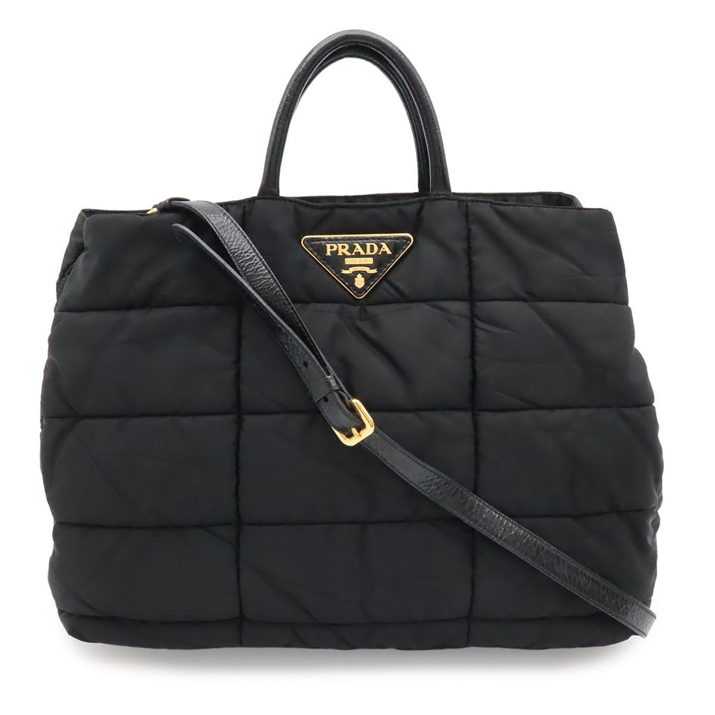Prada Triangle Logo Tote 2-Way Shoulder Bag Crossbody Quilted Nylon Enamel Nero