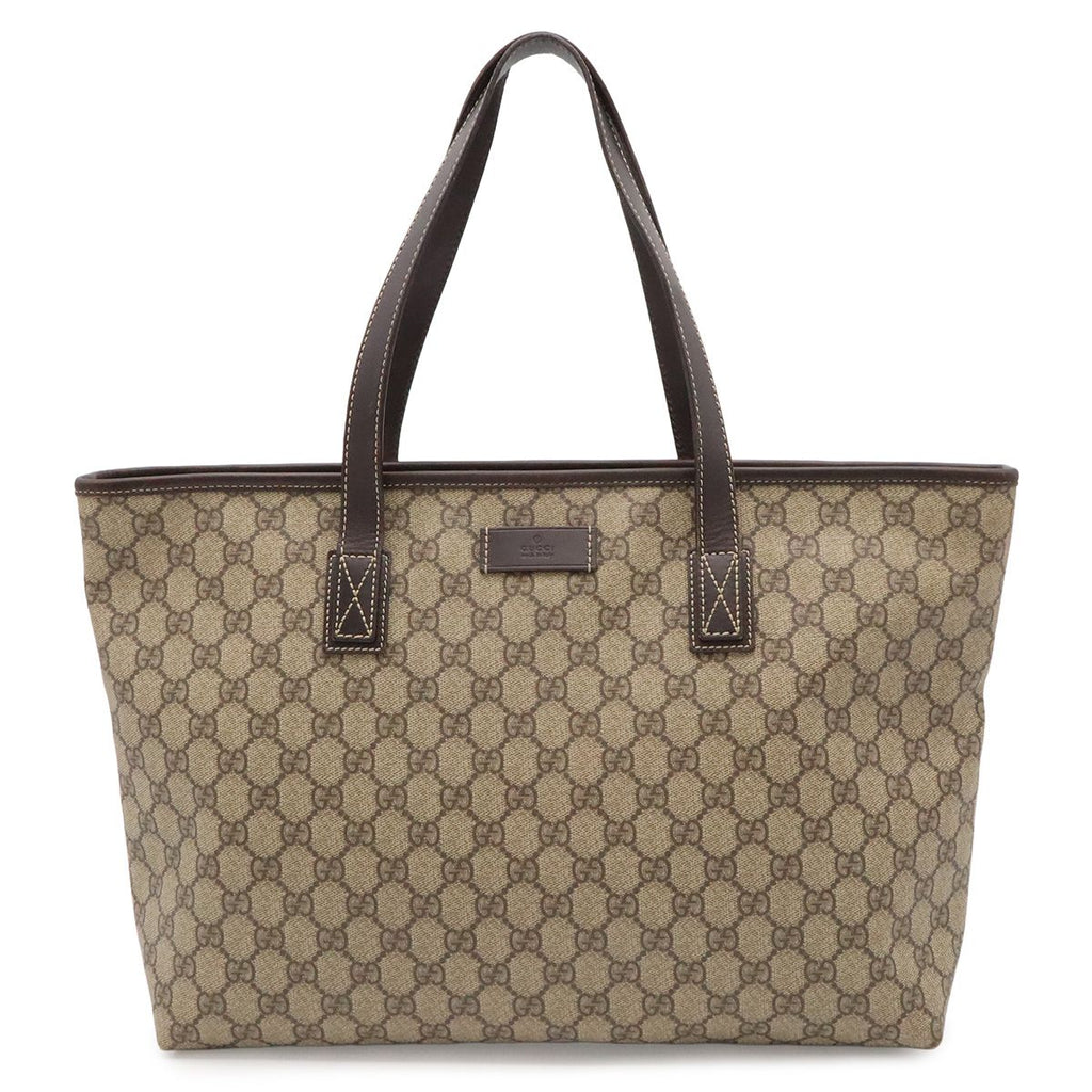Gucci GG Supreme Plus Tote Shoulder Bag Leather Khaki Beige Dark Brown