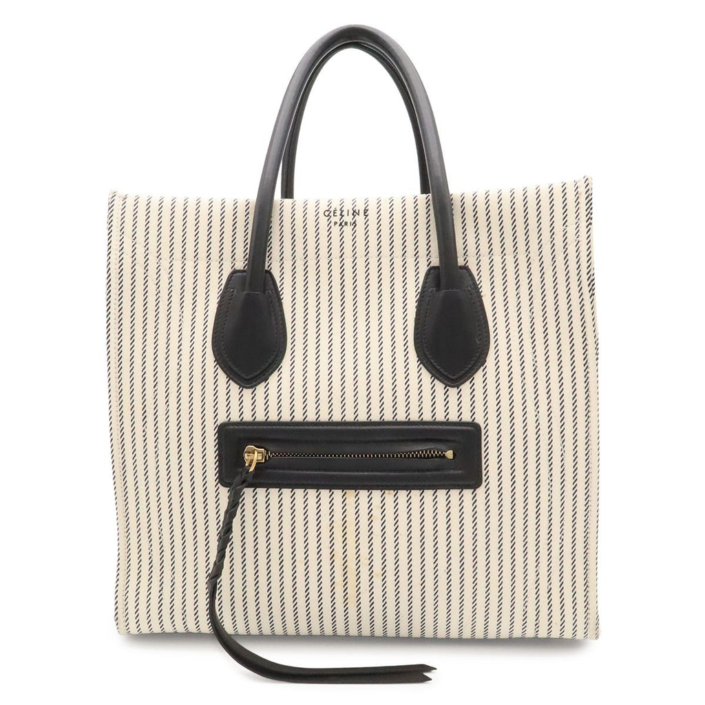 Celine Luggage Phantom Stripe Square Tote Canvas Leather White Navy