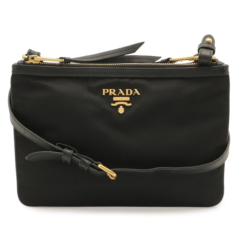 Prada Shoulder Bag Pochette 2-Way Clutch Nylon Leather Nero Black Gold