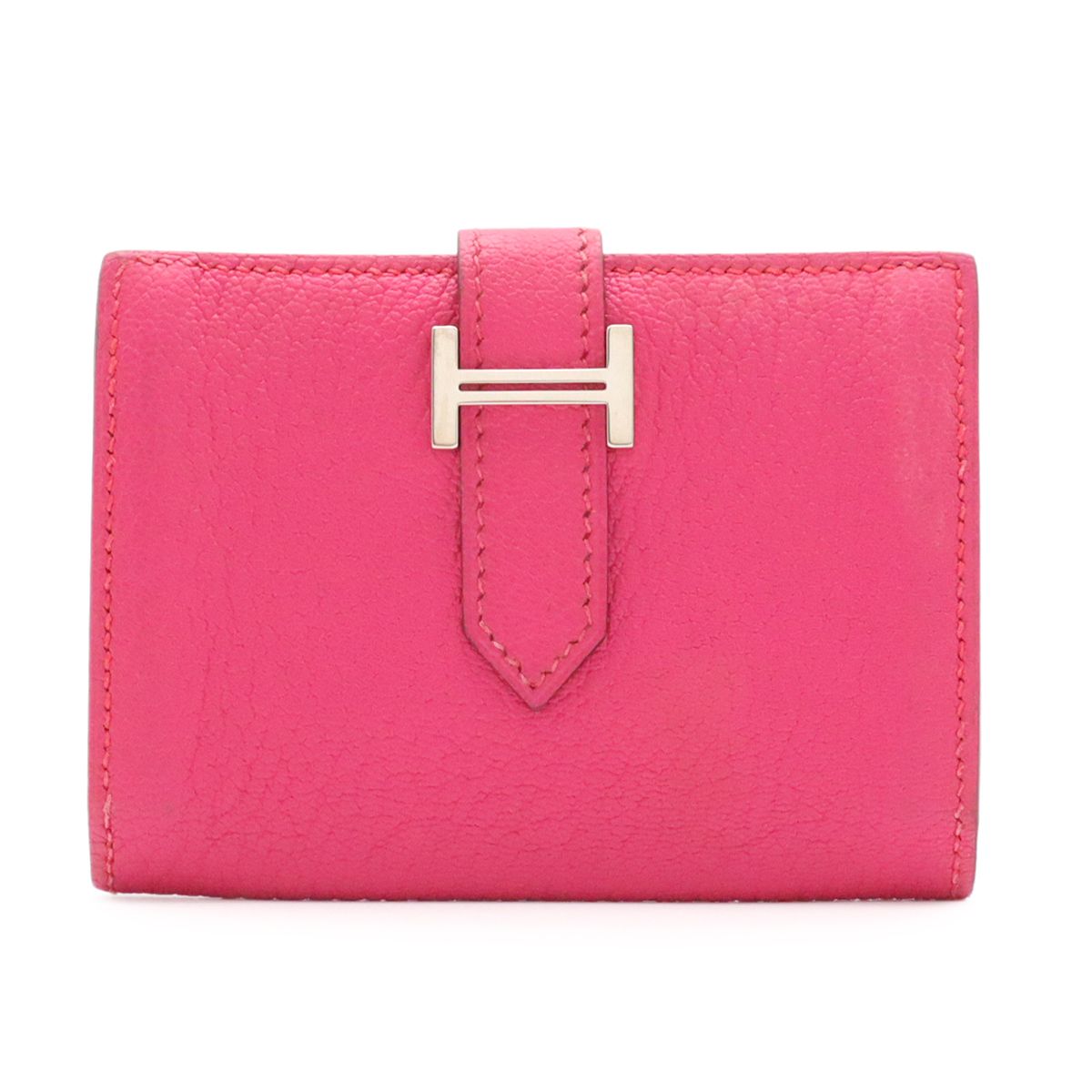 Hermes Bearn Card Case Business Holder Chevre Leather Rose Shocking Pink Silver