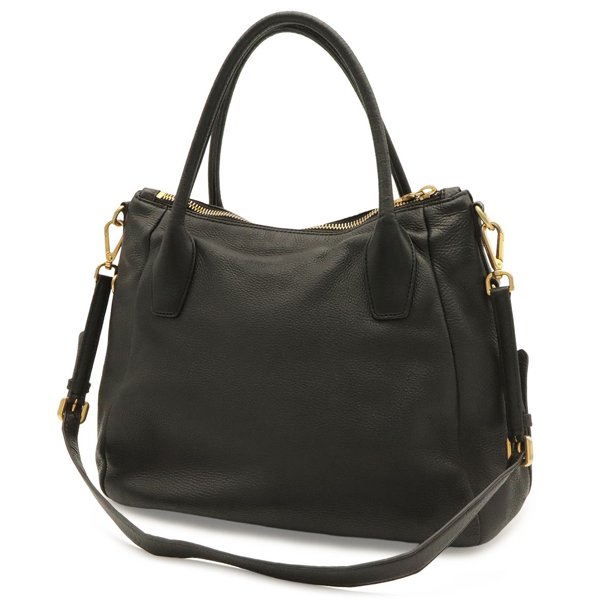 Prada Tote Shoulder Bag 2-Way Vitello Daino Soft Leather Nero Black Gold — view 2