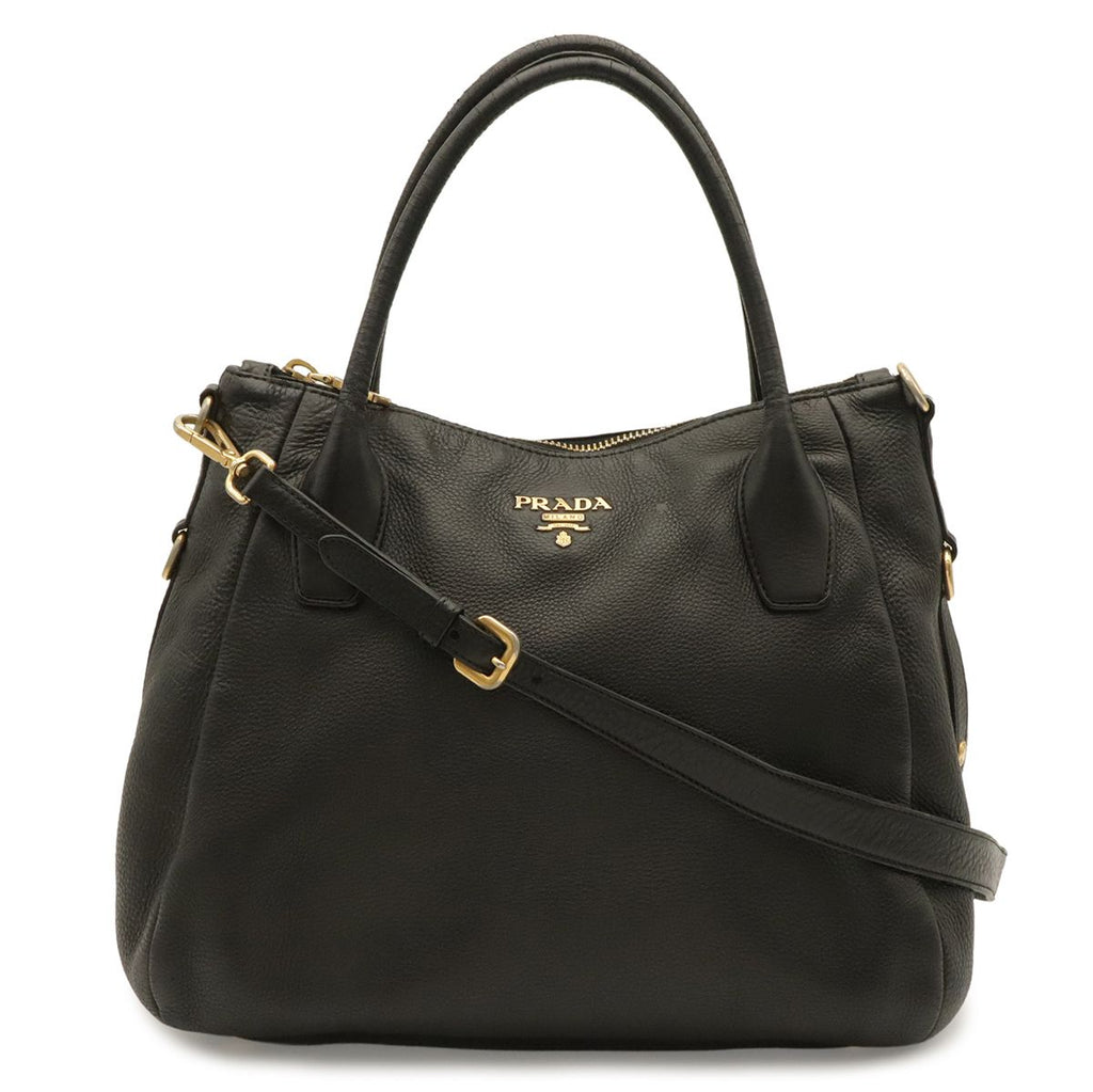 Prada Tote Shoulder Bag 2-Way Vitello Daino Soft Leather Nero Black Gold