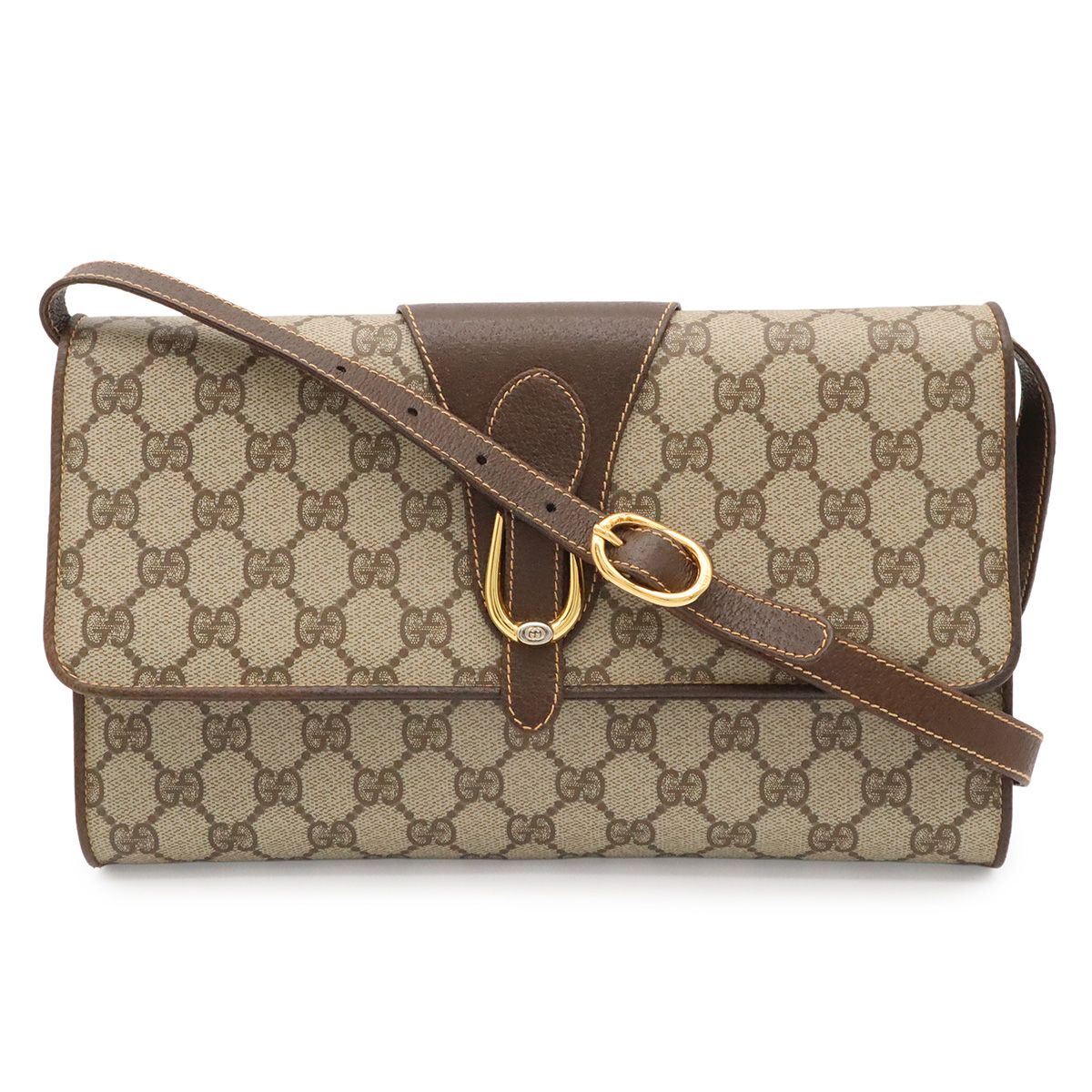 Gucci Vintage GG Plus Shoulder Bag Pochette Leather Beige Brown Gold 904.02.050