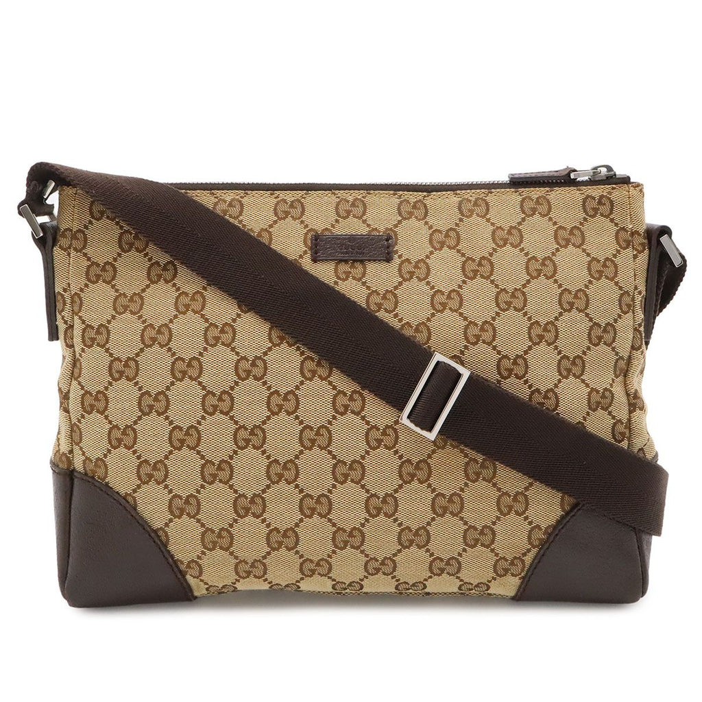 Gucci GG Canvas Shoulder Bag Crossbody Leather Khaki Beige Dark Brown