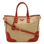 Prada Triangle Logo Tote 2-Way Shoulder Bag Crossbody Canvas Leather Beige