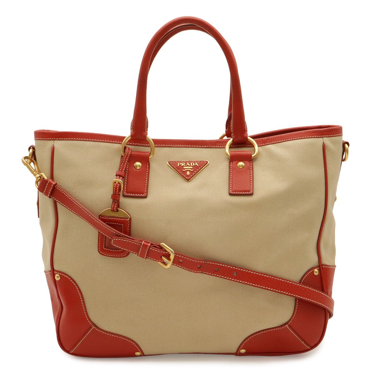 Prada Triangle Logo Tote 2-Way Shoulder Bag Crossbody Canvas Leather Beige