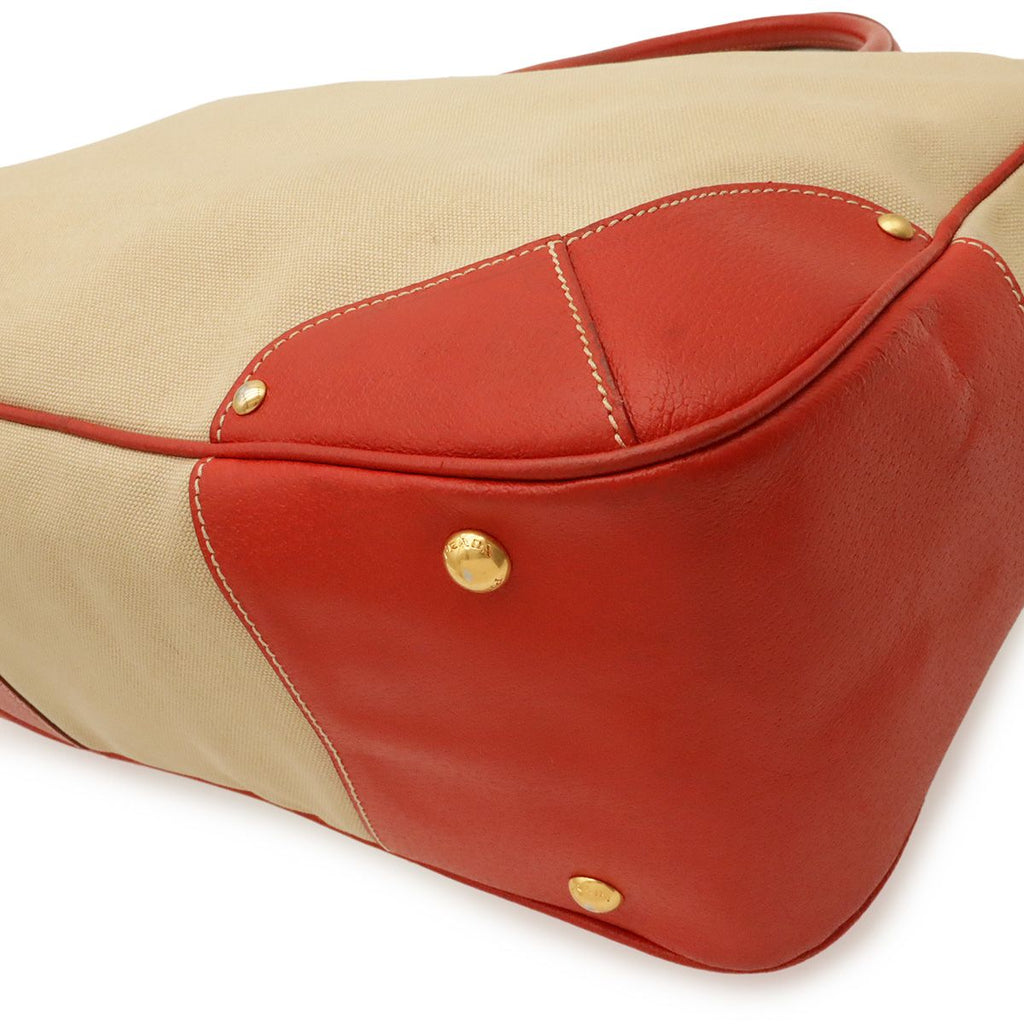Prada Triangle Logo Tote 2-Way Shoulder Bag Crossbody Canvas Leather Beige — view 3
