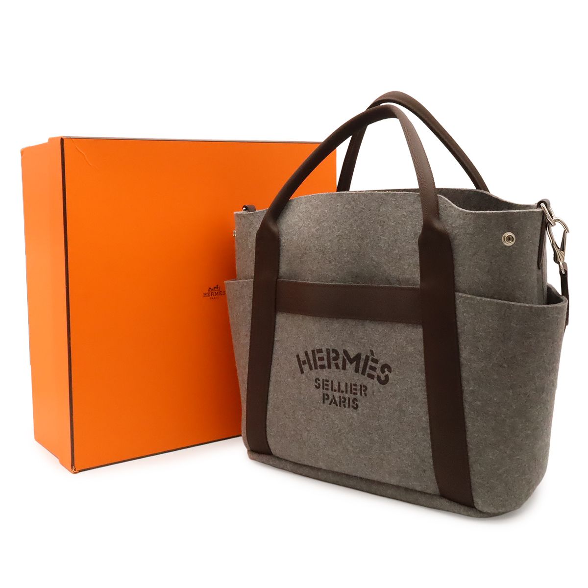 Hermes Sac de Panthere Tote 2-Way Shoulder Bag Felt Gray Dark Brown in — view 9