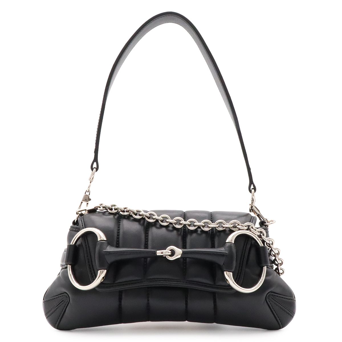 Gucci Horsebit Small Chain Shoulder Bag 2-Way Clutch Leather Black Silver
