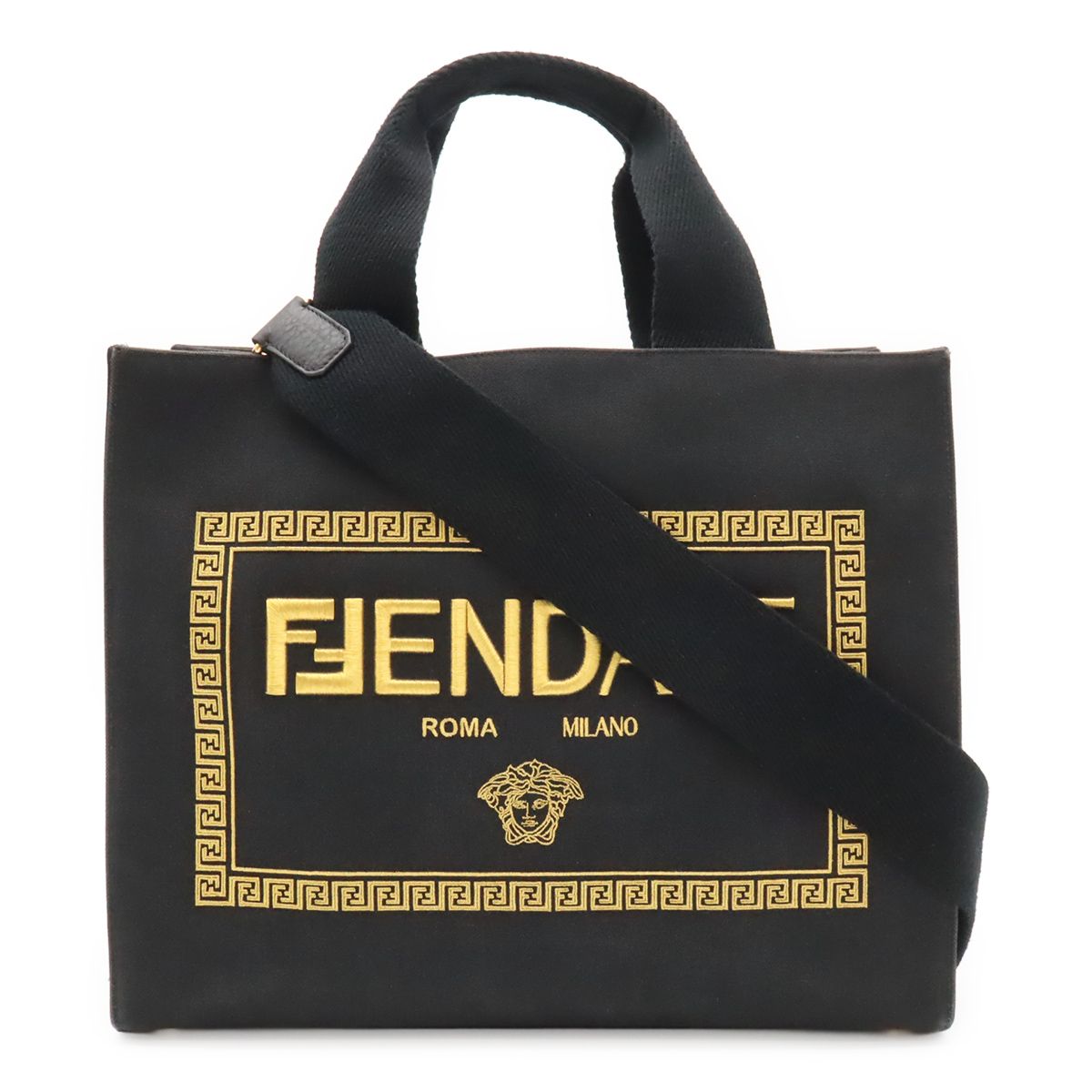 Fendi Fendace Collaboration Tote 2-Way Shoulder Bag Canvas Black Gold