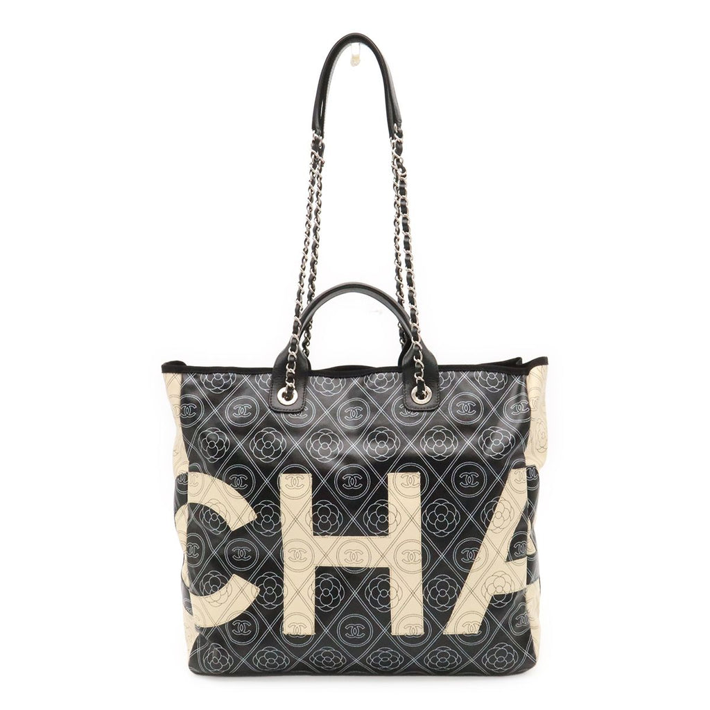Chanel Camellia CC Logo Large Shopping Tote 2-Way Chain Shoulder Bag Black Beige