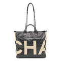 Chanel Camellia CC Logo Large Shopping Tote 2-Way Chain Shoulder Bag Black Beige