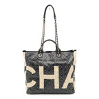 Chanel Camellia CC Logo Large Shopping Tote 2-Way Chain Shoulder Bag Black Beige